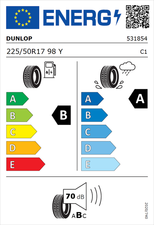 Tyre Label for Dunlop SP SportMaxx RT 225/50R17 98Y