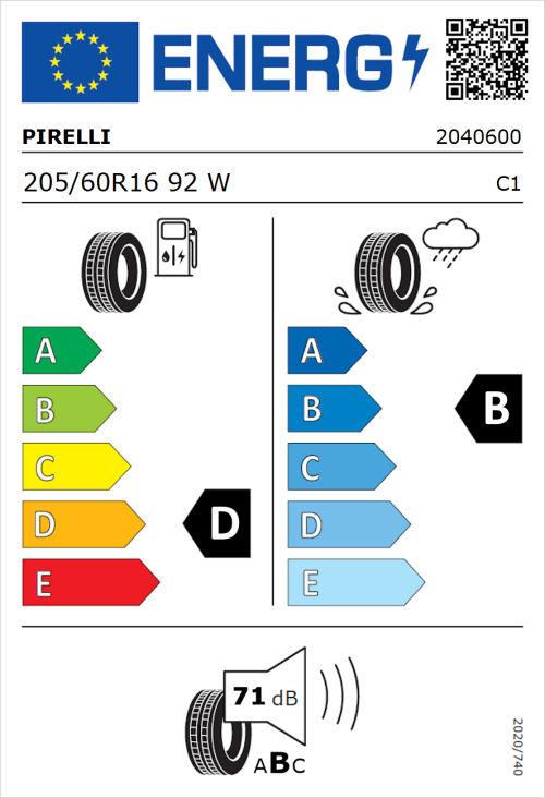 Tyre Label for Pirelli Cinturato P7 Run Flat 205/60R16 92W